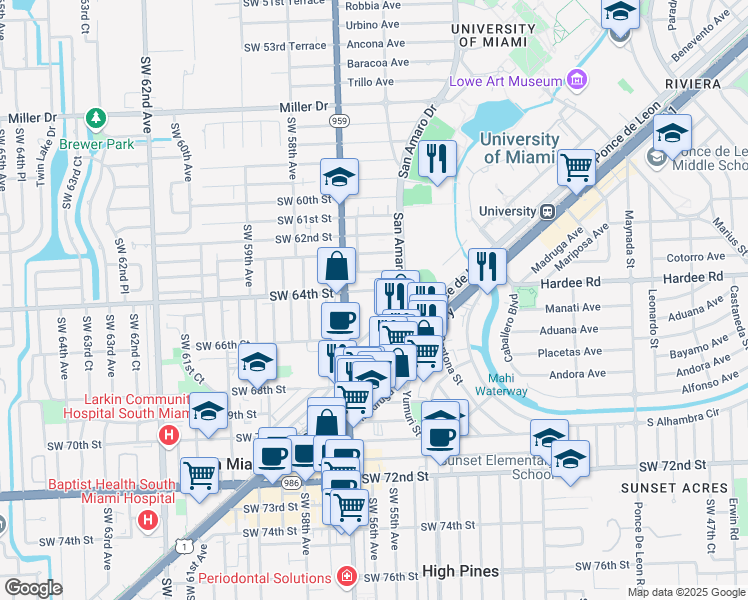 map of restaurants, bars, coffee shops, grocery stores, and more near 1550 Brescia Avenue in Coral Gables