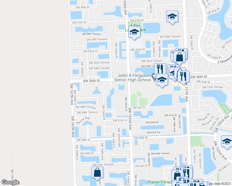 map of restaurants, bars, coffee shops, grocery stores, and more near 16292 Southwest 57th Lane in Miami