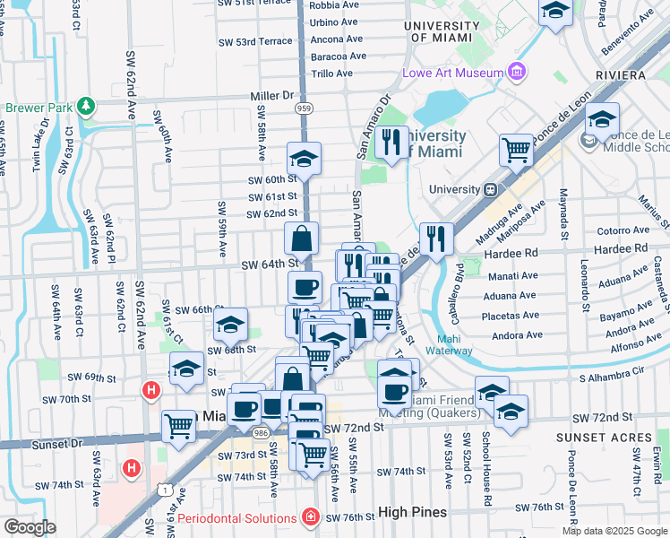 map of restaurants, bars, coffee shops, grocery stores, and more near 1550 Brescia Avenue in Coral Gables