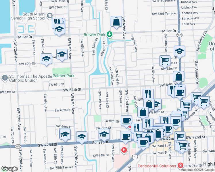 map of restaurants, bars, coffee shops, grocery stores, and more near 6381 Southwest 63rd Court in South Miami