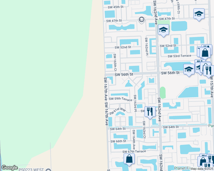 map of restaurants, bars, coffee shops, grocery stores, and more near 5758 Southwest 166th Court in Miami