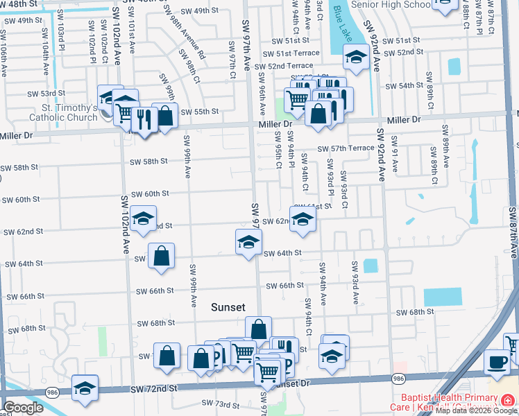 map of restaurants, bars, coffee shops, grocery stores, and more near 6101 Southwest 97th Avenue in Miami