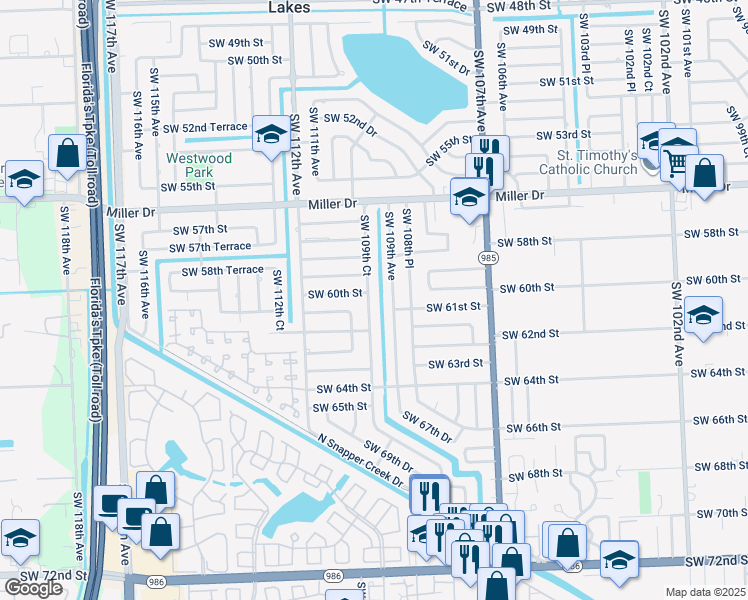map of restaurants, bars, coffee shops, grocery stores, and more near 6011 SW 109th Ct in Miami