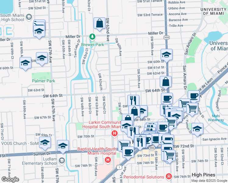 map of restaurants, bars, coffee shops, grocery stores, and more near 6165 Southwest 64th Street in South Miami