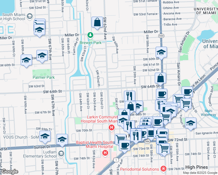 map of restaurants, bars, coffee shops, grocery stores, and more near 6165 Southwest 64th Street in South Miami