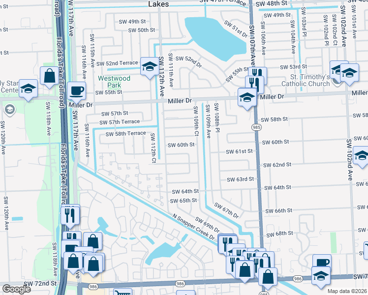 map of restaurants, bars, coffee shops, grocery stores, and more near 11040 Southwest 60th Street in Miami
