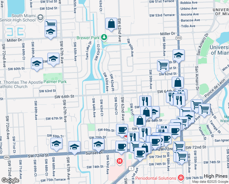 map of restaurants, bars, coffee shops, grocery stores, and more near 6321 Southwest 62nd Place in South Miami