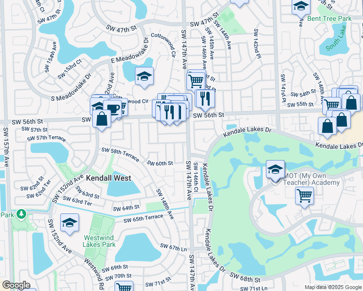 map of restaurants, bars, coffee shops, grocery stores, and more near 14726 Southwest 58th Street in Miami