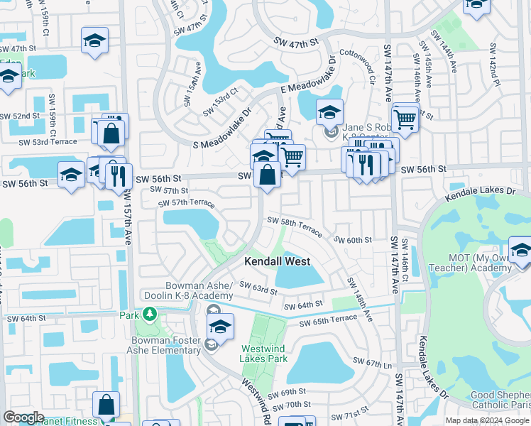 map of restaurants, bars, coffee shops, grocery stores, and more near 15140 Southwest 58th Street in Miami