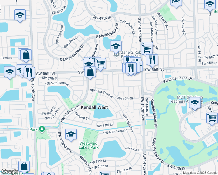 map of restaurants, bars, coffee shops, grocery stores, and more near 5788 Southwest 149th Place in Miami