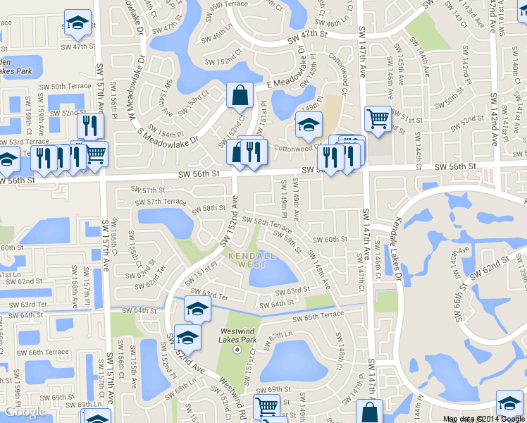 map of restaurants, bars, coffee shops, grocery stores, and more near 15035 Southwest 58th Street in Miami