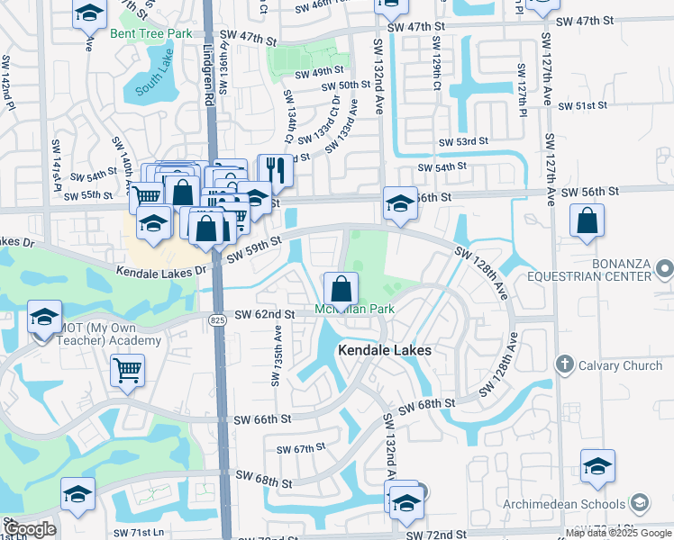 map of restaurants, bars, coffee shops, grocery stores, and more near 13304 Southwest 60th Terrace in Miami