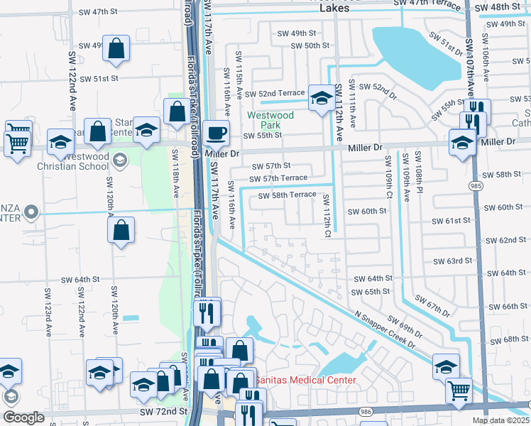 map of restaurants, bars, coffee shops, grocery stores, and more near 11430 Southwest 59th Terrace in Miami