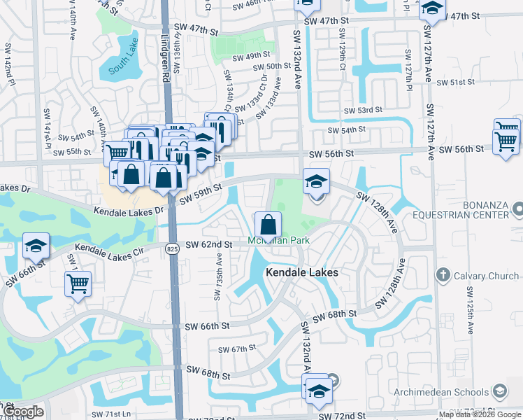 map of restaurants, bars, coffee shops, grocery stores, and more near 13304 Southwest 60th Terrace in Miami