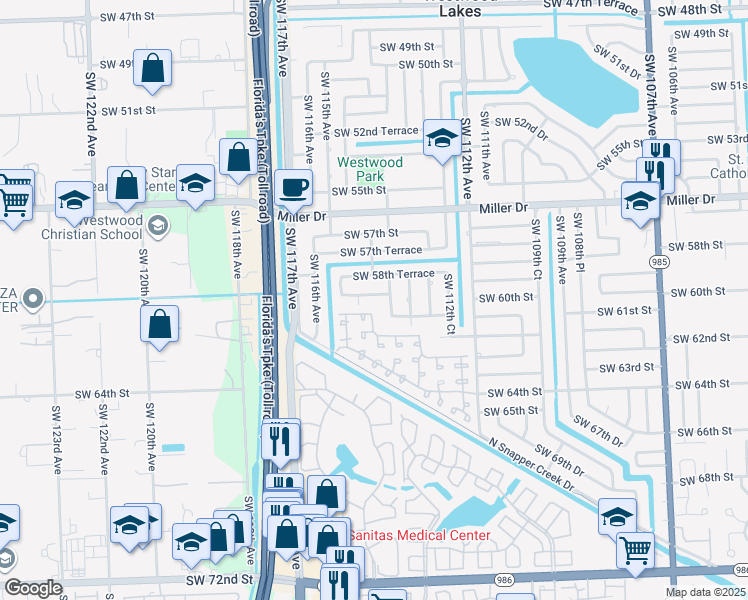 map of restaurants, bars, coffee shops, grocery stores, and more near 11430 Southwest 59th Terrace in Miami
