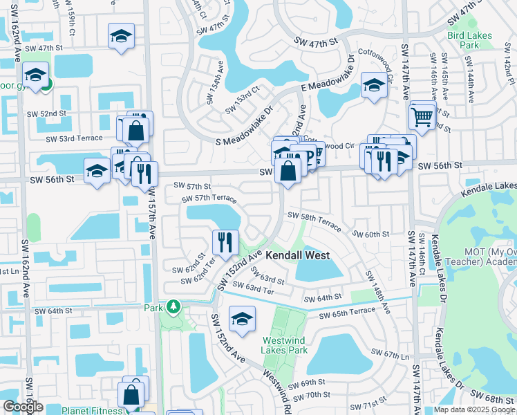 map of restaurants, bars, coffee shops, grocery stores, and more near 15280 Southwest 58th Street in Miami