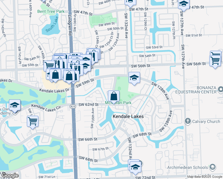map of restaurants, bars, coffee shops, grocery stores, and more near 13304 Southwest 60th Terrace in Miami