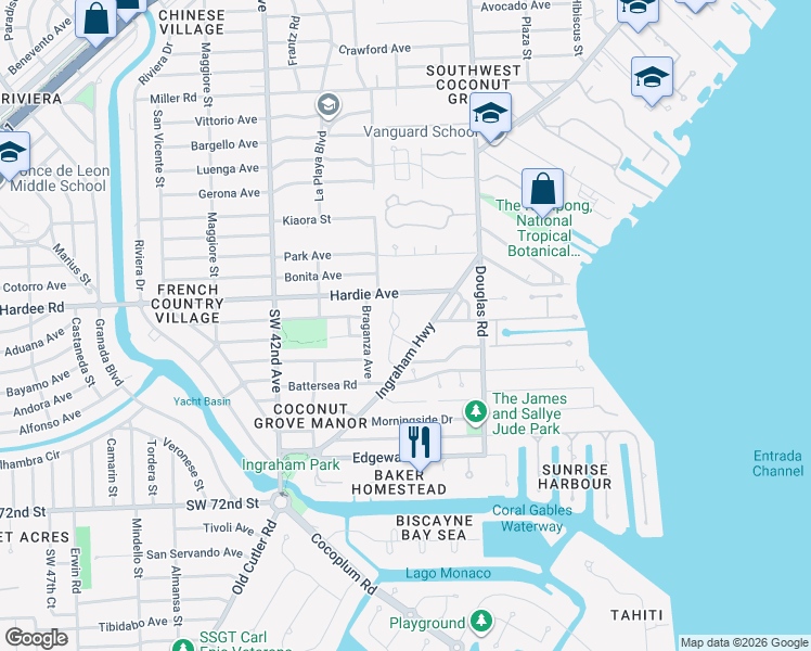 map of restaurants, bars, coffee shops, grocery stores, and more near 4259 Lennox Drive in Miami