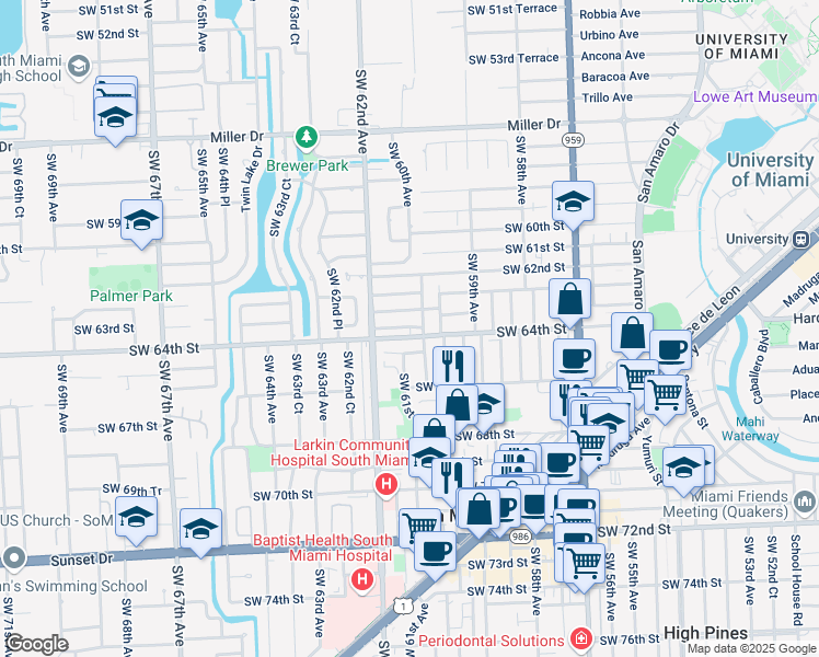 map of restaurants, bars, coffee shops, grocery stores, and more near in South Miami