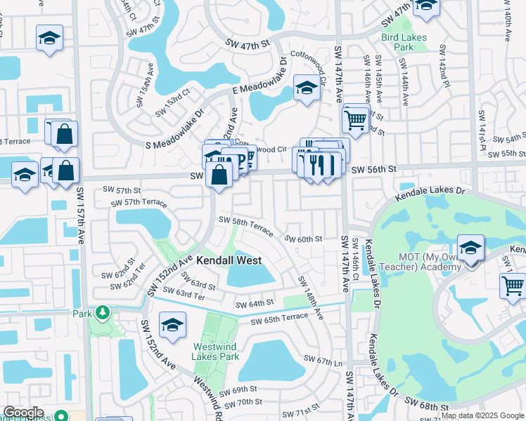 map of restaurants, bars, coffee shops, grocery stores, and more near 5788 Southwest 149th Place in Miami