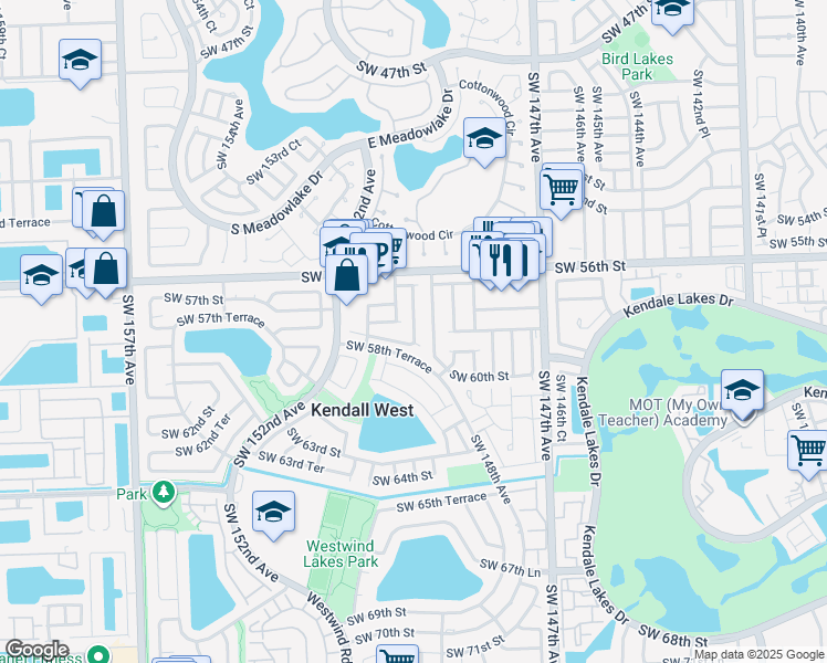 map of restaurants, bars, coffee shops, grocery stores, and more near 5788 Southwest 149th Place in Miami