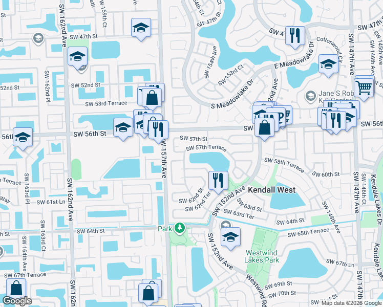 map of restaurants, bars, coffee shops, grocery stores, and more near 5805 Southwest 155th Court in Miami