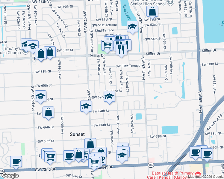 map of restaurants, bars, coffee shops, grocery stores, and more near 9421 Southwest 61st Street in Miami