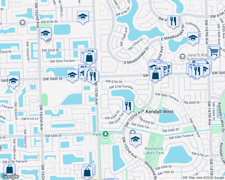 map of restaurants, bars, coffee shops, grocery stores, and more near 5805 Southwest 155th Court in Miami