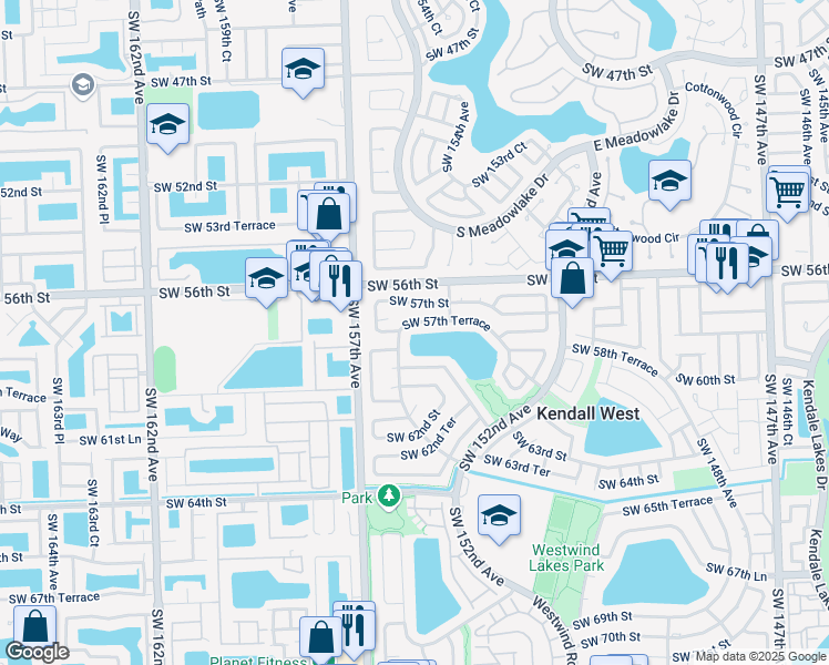 map of restaurants, bars, coffee shops, grocery stores, and more near 5805 Southwest 155th Court in Miami