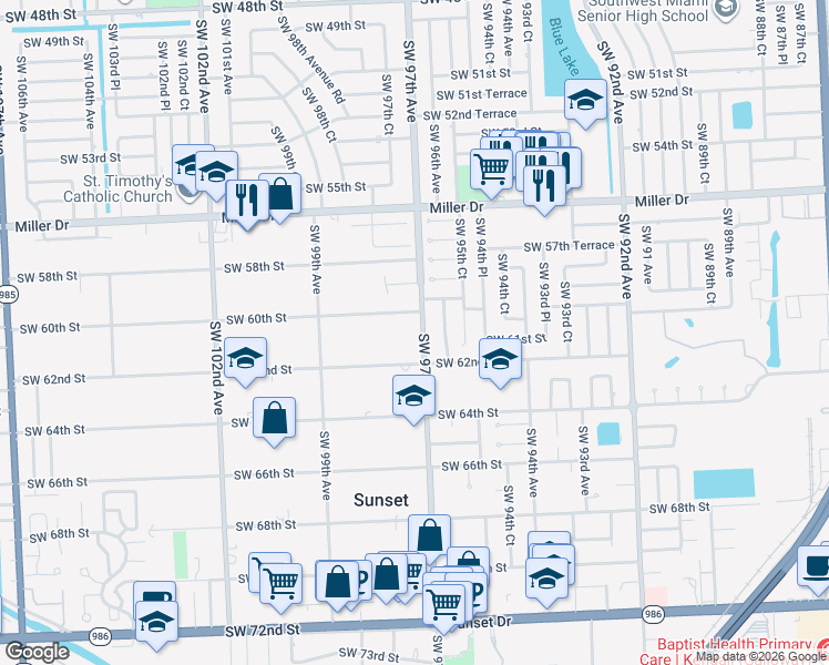 map of restaurants, bars, coffee shops, grocery stores, and more near 6101 Southwest 97th Avenue in Miami