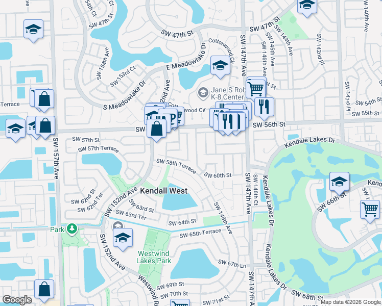 map of restaurants, bars, coffee shops, grocery stores, and more near 5788 Southwest 149th Place in Miami