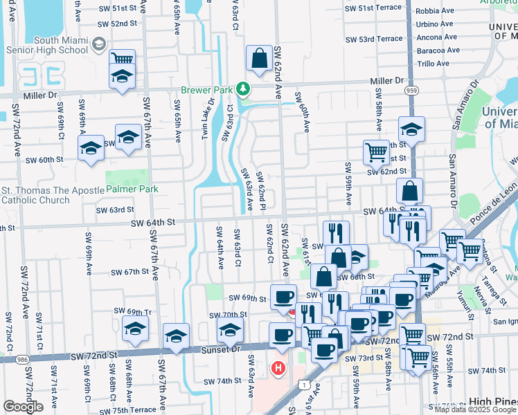 map of restaurants, bars, coffee shops, grocery stores, and more near 6321 Southwest 62nd Place in South Miami