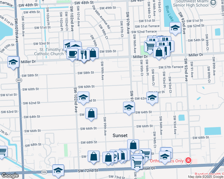 map of restaurants, bars, coffee shops, grocery stores, and more near 9840 Southwest 60th Street in Miami