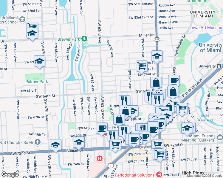 map of restaurants, bars, coffee shops, grocery stores, and more near in South Miami