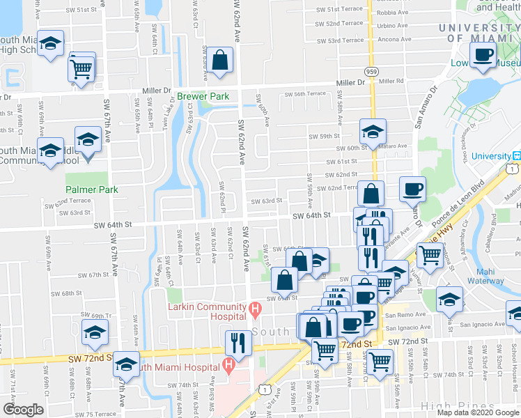 map of restaurants, bars, coffee shops, grocery stores, and more near 6165 Southwest 64th Street in South Miami