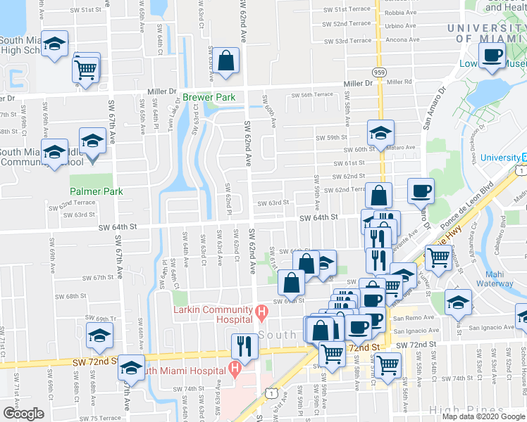 map of restaurants, bars, coffee shops, grocery stores, and more near 6165 Southwest 64th Street in South Miami