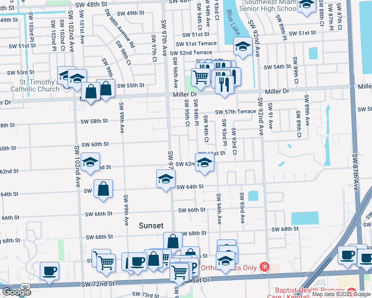 map of restaurants, bars, coffee shops, grocery stores, and more near 6041 Southwest 95th Court in Miami