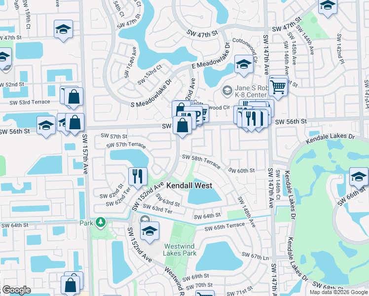 map of restaurants, bars, coffee shops, grocery stores, and more near Southwest 152nd Avenue in Miami