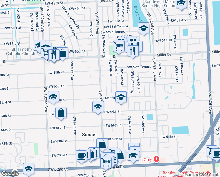 map of restaurants, bars, coffee shops, grocery stores, and more near 6041 Southwest 95th Court in Miami