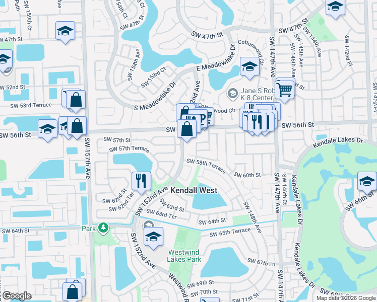 map of restaurants, bars, coffee shops, grocery stores, and more near 15140 Southwest 58th Street in Miami