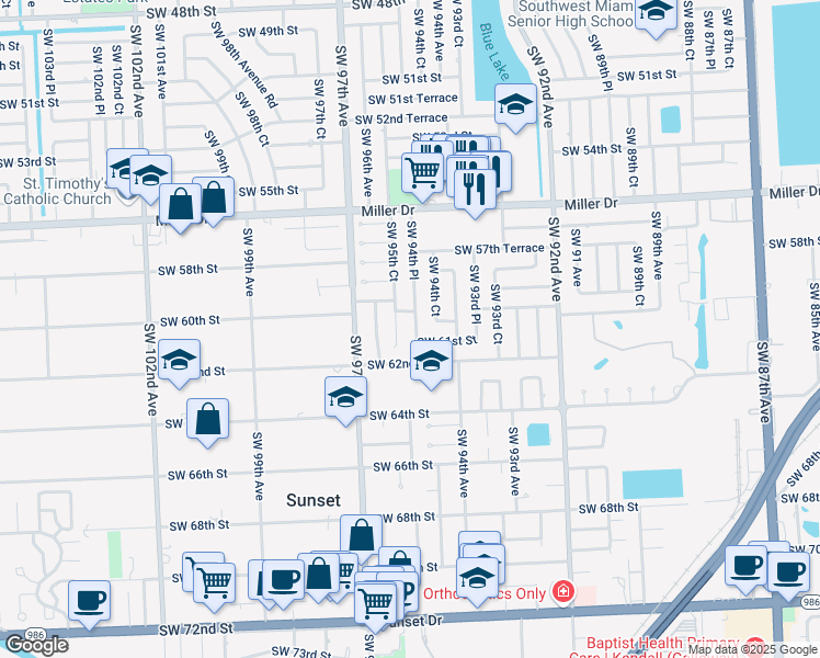 map of restaurants, bars, coffee shops, grocery stores, and more near 6041 Southwest 95th Court in Miami