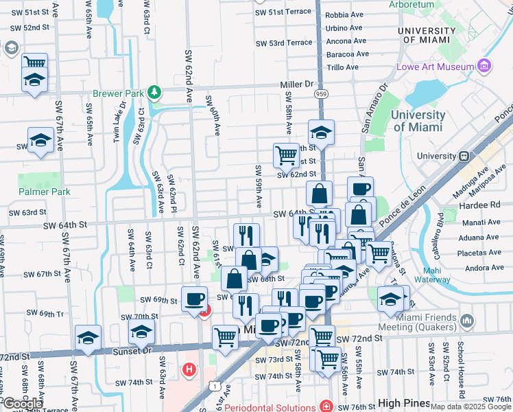 map of restaurants, bars, coffee shops, grocery stores, and more near 5927 Southwest 64th Street in South Miami
