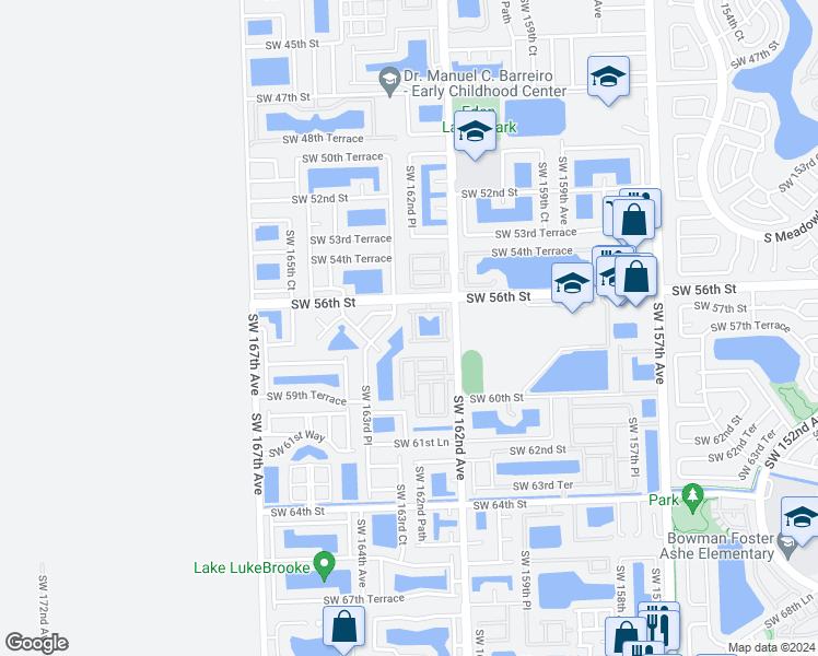 map of restaurants, bars, coffee shops, grocery stores, and more near 5702 Southwest 162nd Pass in Miami