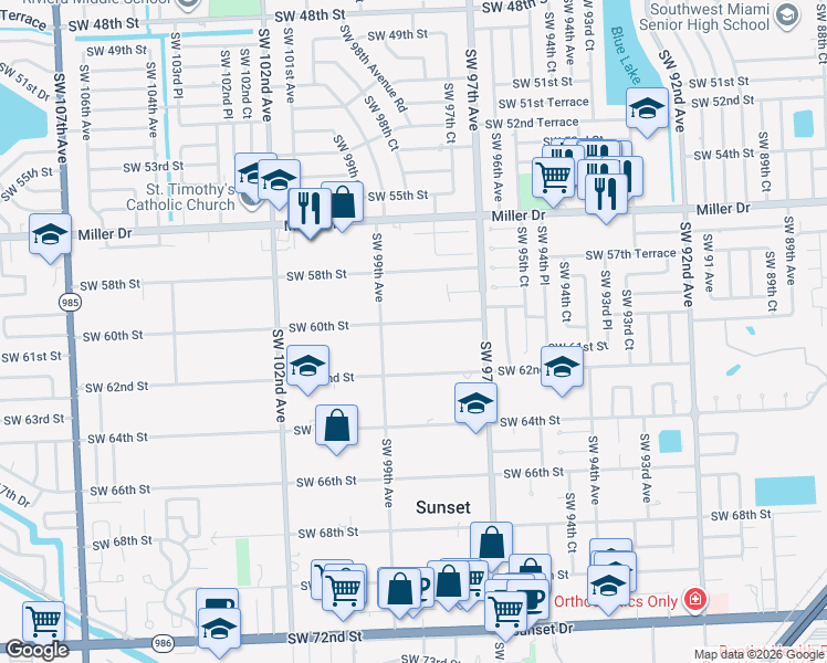 map of restaurants, bars, coffee shops, grocery stores, and more near 9840 Southwest 60th Street in Miami