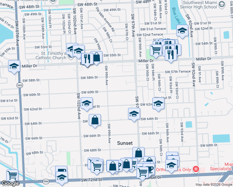 map of restaurants, bars, coffee shops, grocery stores, and more near 9840 Southwest 60th Street in Miami