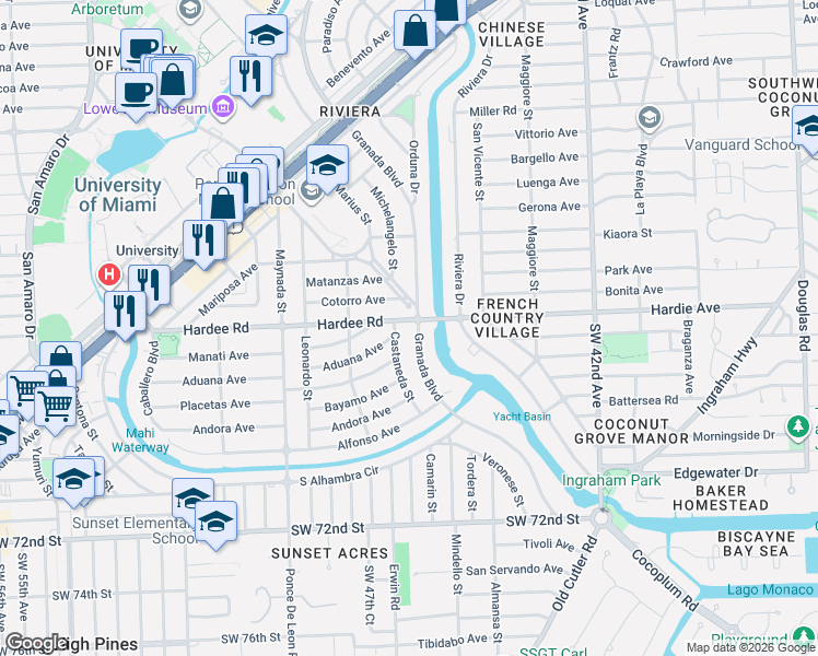 map of restaurants, bars, coffee shops, grocery stores, and more near 6250 Granada Boulevard in Coral Gables
