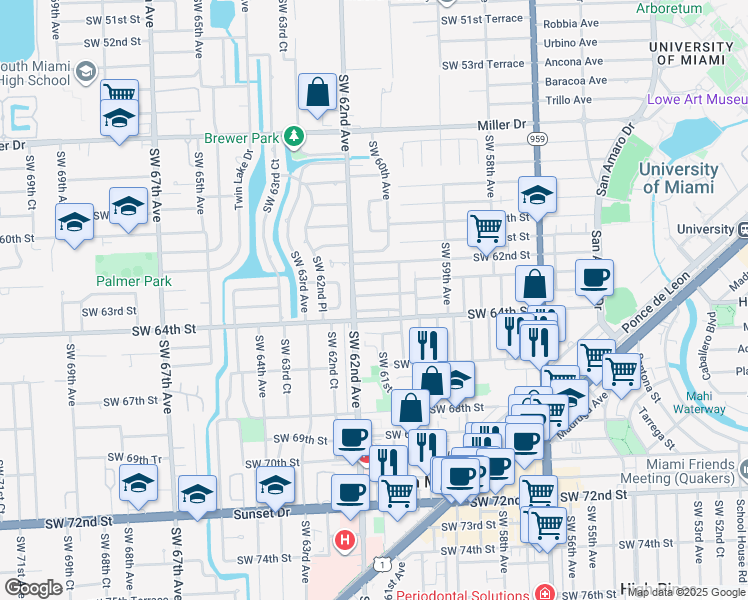 map of restaurants, bars, coffee shops, grocery stores, and more near 6165 Southwest 64th Street in South Miami