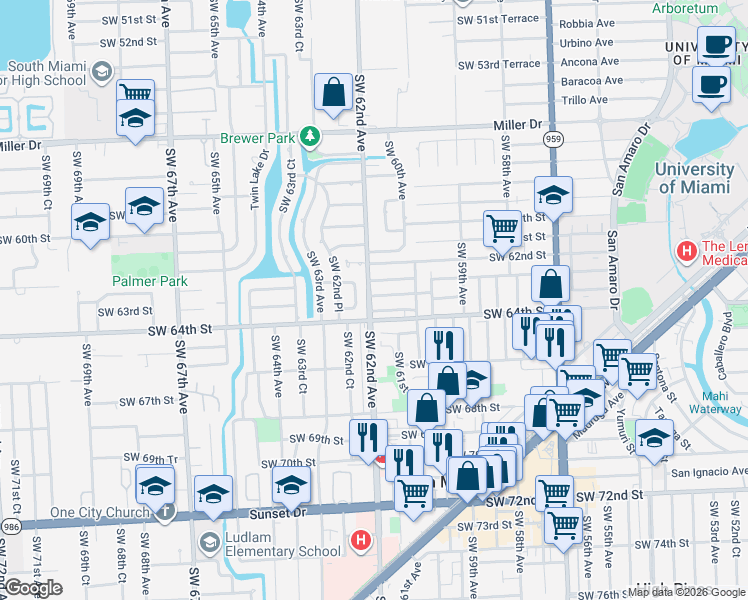 map of restaurants, bars, coffee shops, grocery stores, and more near 6165 Southwest 64th Street in South Miami