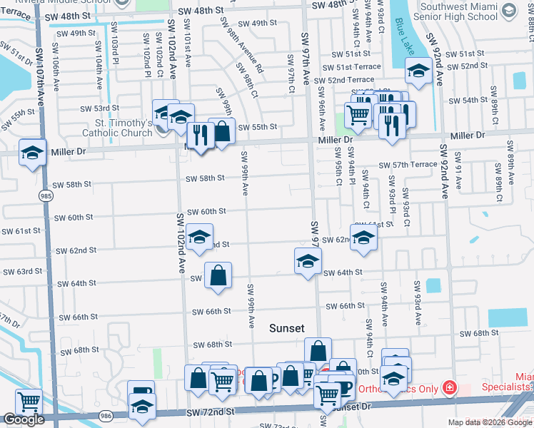 map of restaurants, bars, coffee shops, grocery stores, and more near 9840 Southwest 60th Street in Miami