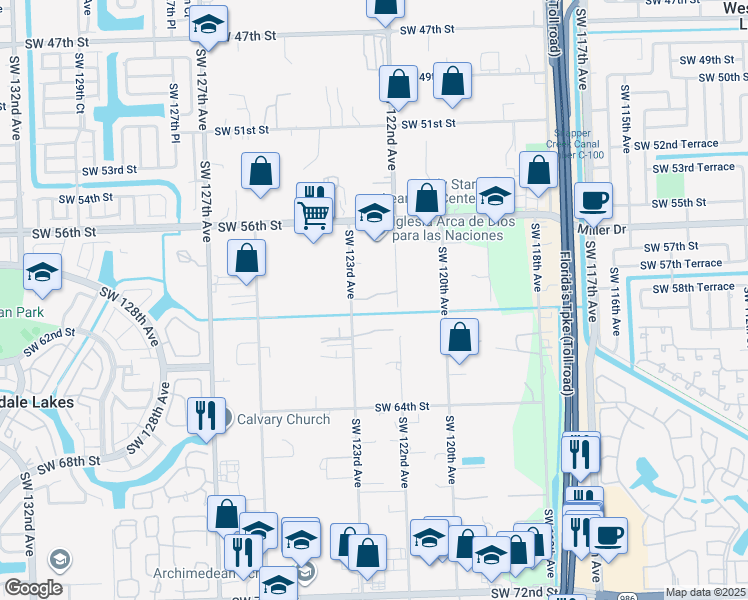 map of restaurants, bars, coffee shops, grocery stores, and more near 6025 Southwest 123rd Avenue in Miami